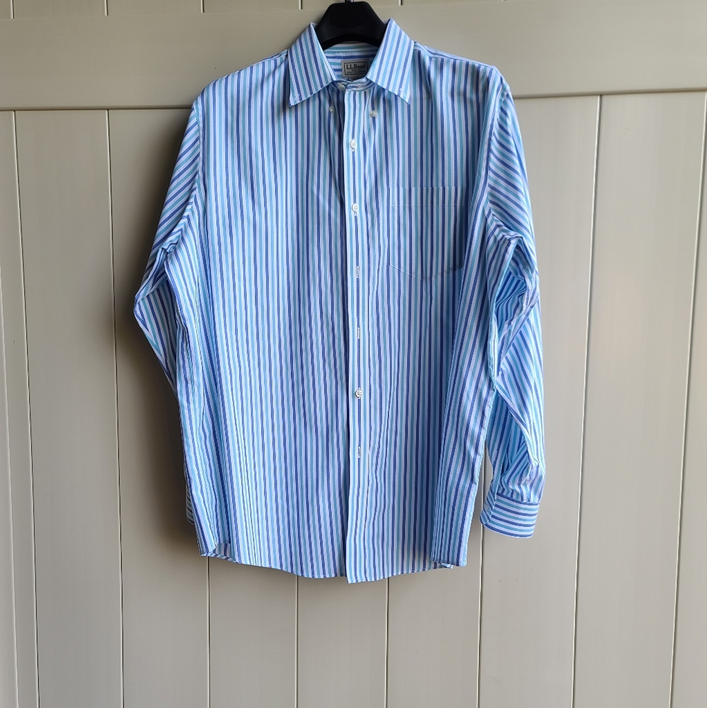 L.L Bean bkue striped mens button front shirt